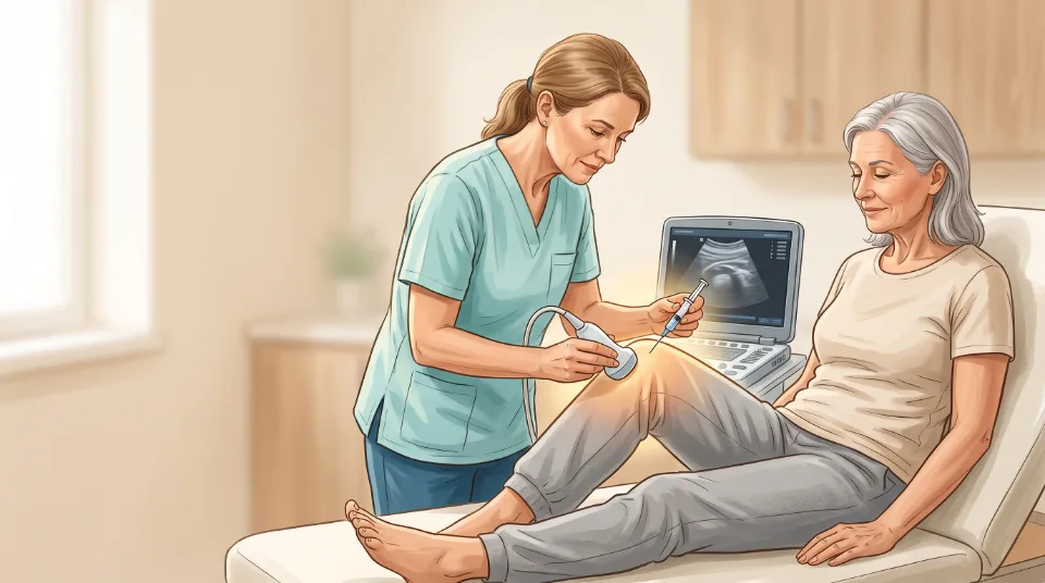 Ilustración de una infiltración ecoguiada de rodilla, en el contexto del tratamiento con Arthrosamid.