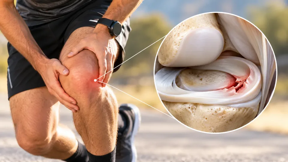 Persona con dolor de rodilla y detalle anatómico de una rotura del cuerno posterior del menisco interno.