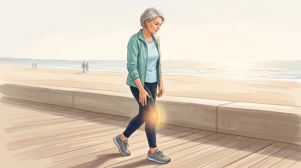 Ilustración de una mujer caminando junto al mar con la rodilla iluminada para representar dolor por edema óseo.