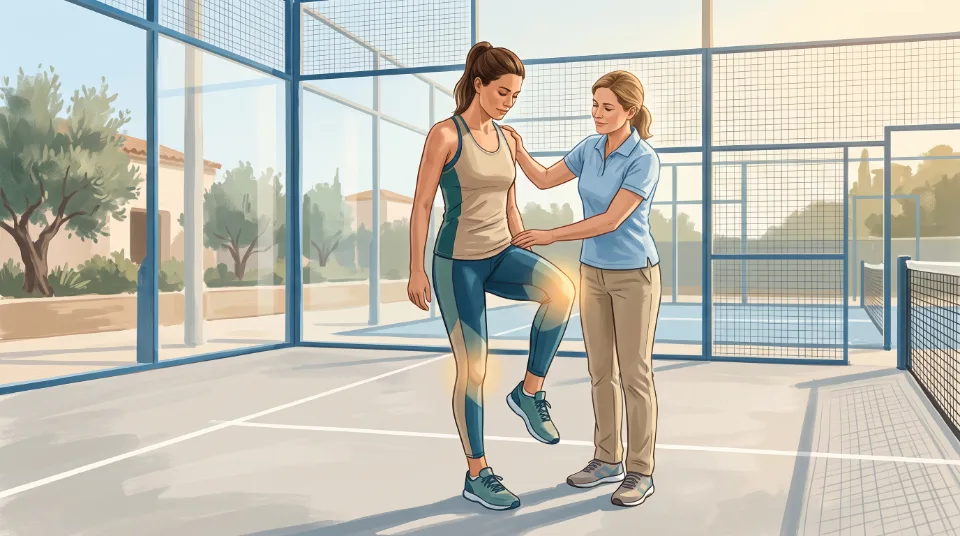 Ilustración de una fisioterapeuta guiando un ejercicio de rodilla en una pista de pádel durante la rehabilitación.
